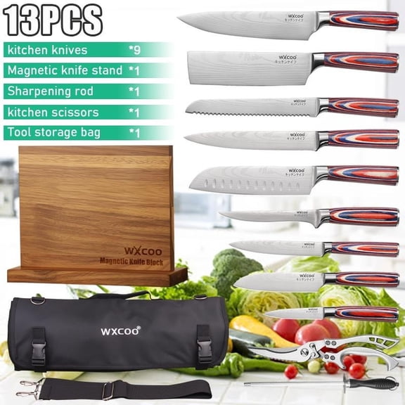 13PCS Stainless Steel Handmade Forged Chef Knife Set Multipurpose Kitchen Knives with Wooden Handle Magnetic Knife Stand and Storage Bag Great Gifts for Men and Home Kitchen Items