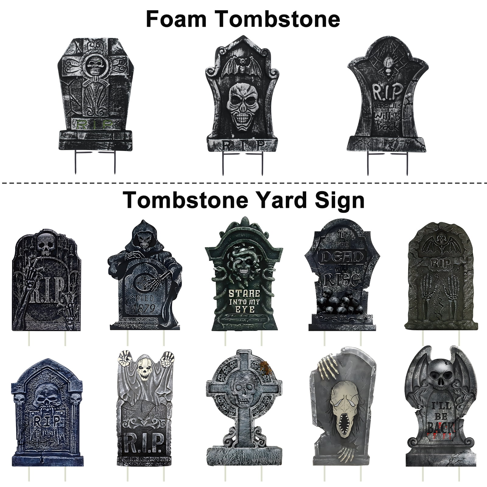 13Pack Halloween Foam Tombstone (10P Yard Sign + 3P LSize 3D Foam Tombstone)with Stakes for
