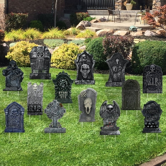 13Pack Halloween Tombstone (10P Yard Sign + 3P 3D Foam Tombstone)with Stakes for Graveyard Outdoor Lawn Garden Decorations