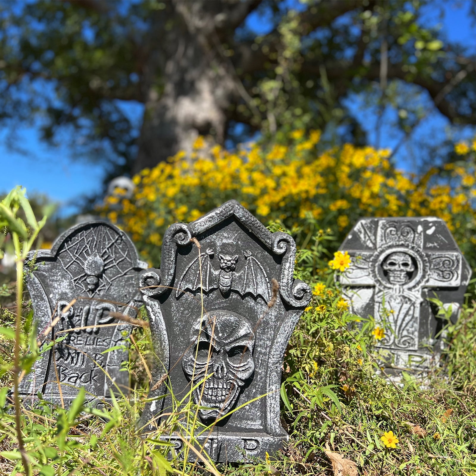 13Pack Halloween Tombstone Decor(10P Yard Sign + 3P 3D Foam Tombstone)with Stakes for Graveyard