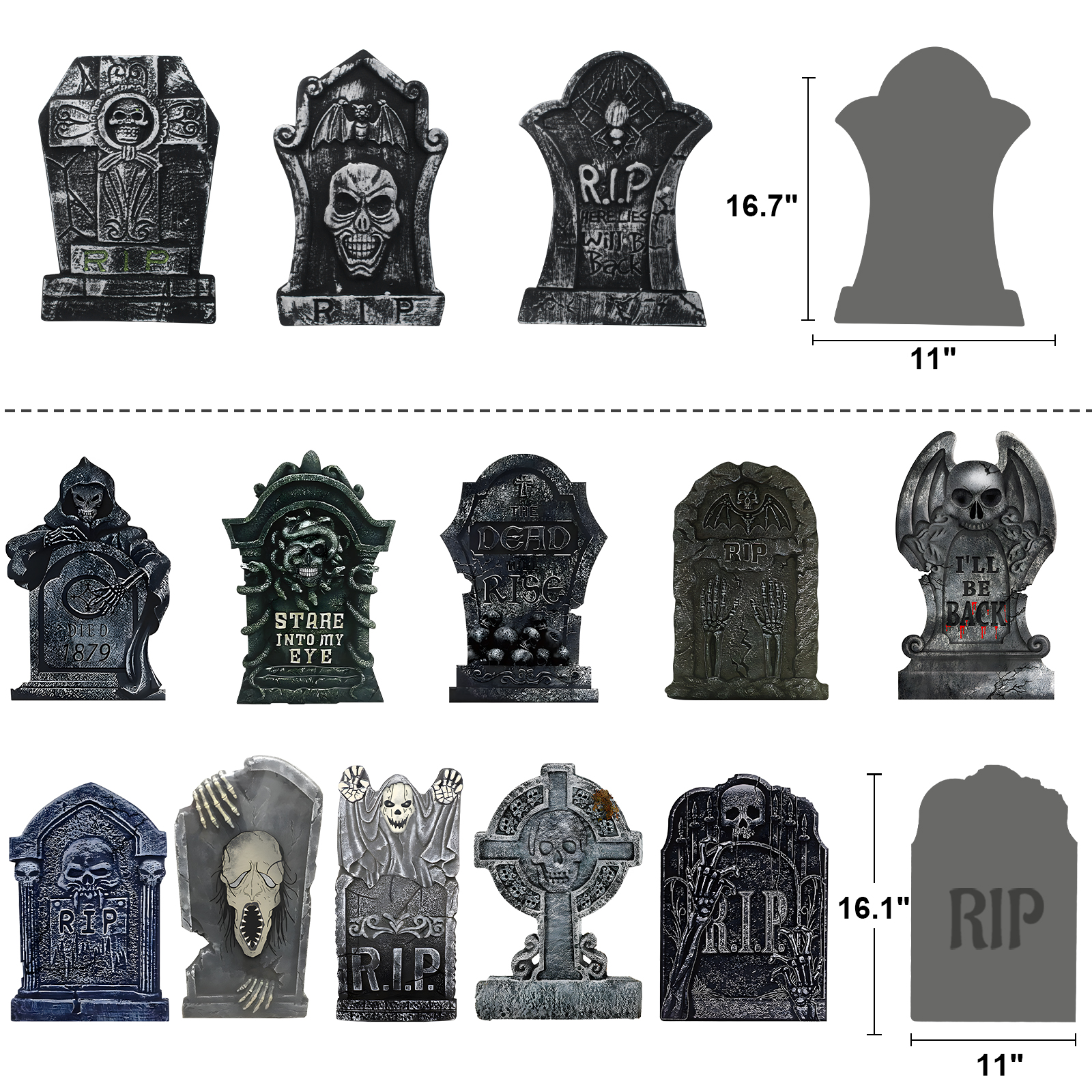 13Pack Halloween Tombstone Decor(10P Yard Sign + 3P LSize 3D Foam Tombstone)with Stakes for