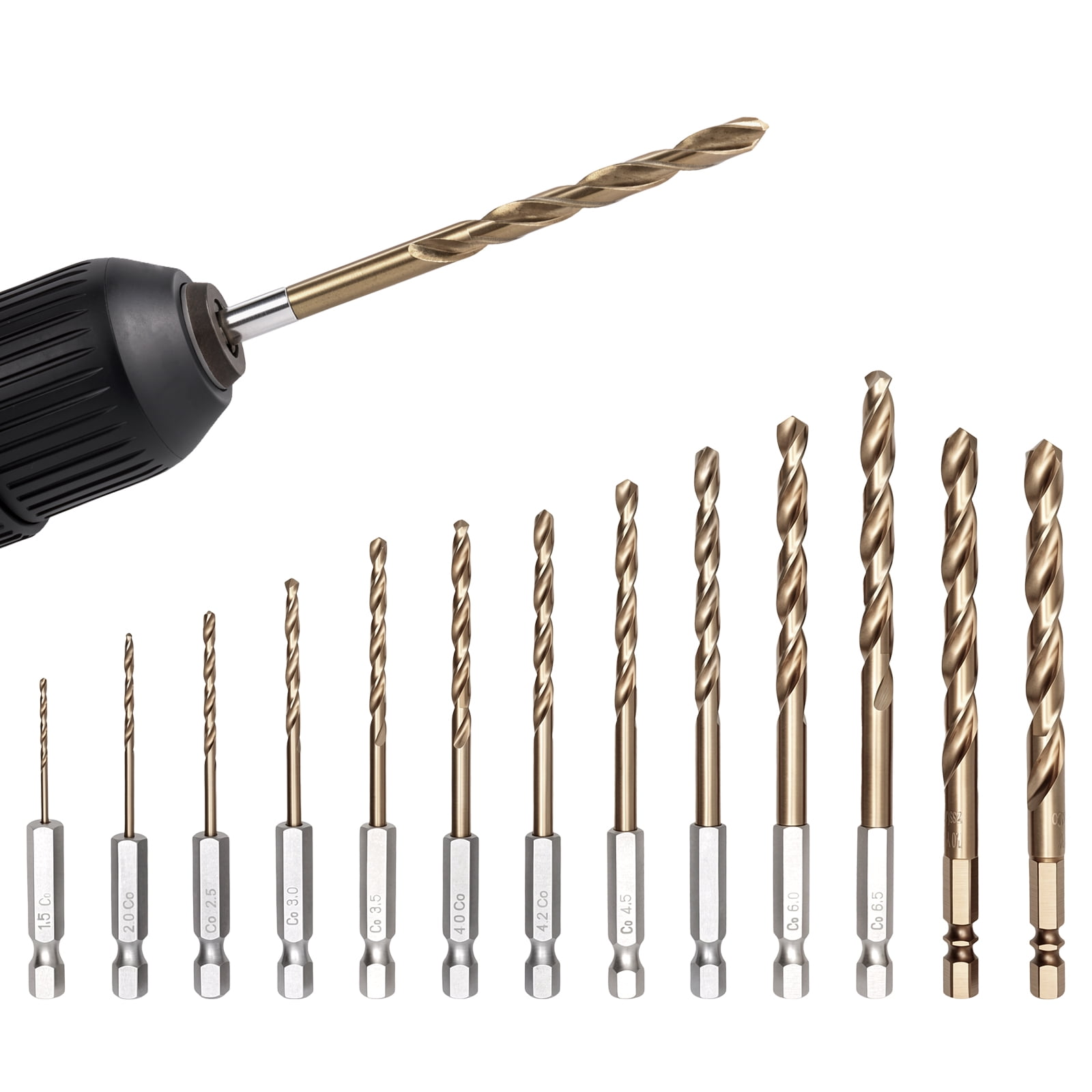 13Pcs 1/4" Hex Shank Drill Bit Set 1/16"-3/8" Titanium Coated HSS Drill Bit for Metal Wood Stainless Steel Plastic Compatible with Impact Driver and Cordless Screwdriver
