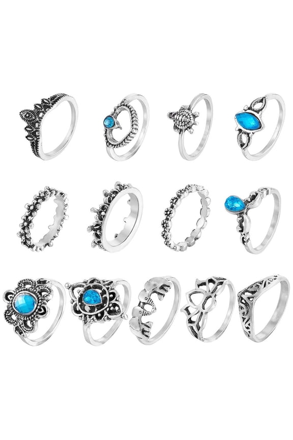 13Pcs 13 Style Aquamarine Rhinestone Tortoise Elephant Lotus Finger Rings Set Alloy Stackable Rings for Women Silver Inner Diameter: 15.7-17.8mm