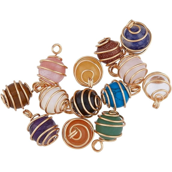 13Pcs 13 Styles Wire Wrapped Round Charms Random Mixed Color Natural Stone Pendants Charms Metal Ball Bulk