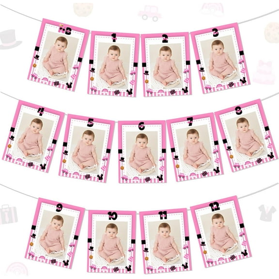 13Pcs Baby Boss Theme 1st Birthday Photo Banner Rose Red First Birthday Party Decoration Monthly Photograph Bunting Garland from Newborn to 12 Months for Girls 1st Birthday Party Decor Supplies