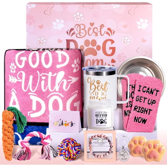 13Pcs Best Dog Mom Gifts for Women, Gift Baskets, Unique Dog Mom Birthday Gifts for Dogs Lovers, with Luxurious Flannel Blankets Gift for Owners for Birthdays, Christmas, and Mother's Day