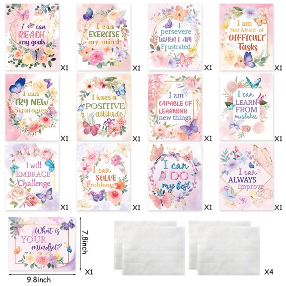 GROBRO7 Watercolour Butterfly Posters Set,13Piece Encouragement Theme Decor for Classroom, Inspirational Art PrintsStickers