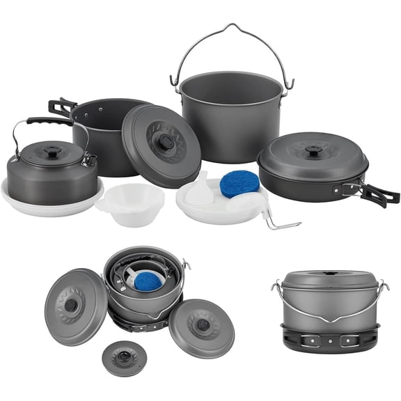 13Pcs Camping Cookware Mess Kit, Nonstick Backpacking Cooking Set, Outdoor Cook Gear for Family Hiking, Picnic Lightweight Cookware Sets(Kettle, Pots, Frying Pan, BPA-Free Bowls, Plates, Spoon)