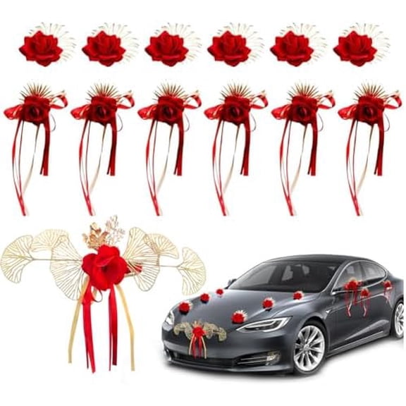 13Pcs Car Decorations Set with Suction Cups - Wedding Party Flower Kit - Artificial Rose Flowers for Car Decor