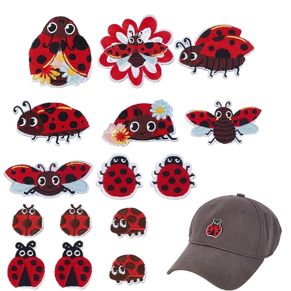 13Pcs Computerized Embroidery Cloth Iron on/Sew on Patches Costume Accessories Appliques Mixed Shape Ladybug FireBrick 23~70x23~64x1.5~2.5mm