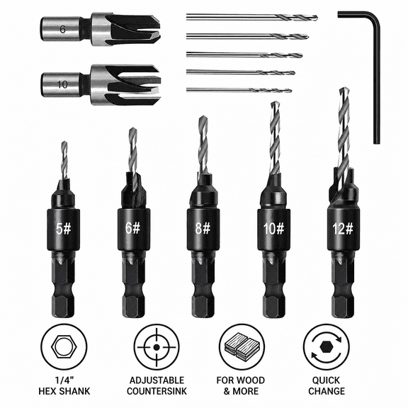 13Pcs Countersink Drill Bit Set for Woodworking, 1/4" Hex Shank Titanium Coated Adjustable Counterbore Bits for Furniture