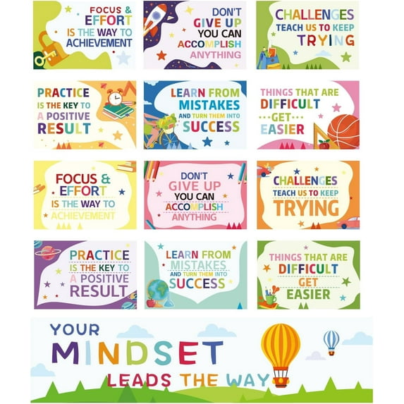 13Pcs Growth Mindset Classroom Decoration Banner Posters Sign Bulletin Board Hanging Wall Art Decor for DIY Back to School Teacher Elementary Middle High School College Theme Colorful 39x10Inch
