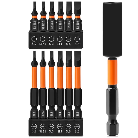 13Pcs Impact Slotted Bit Set, 1/4'' Hex Shank Slotted Screwdriver Bit Set Flat Head Bits, Magnetic S2 Steel, 2.3'' & 1'' Long, SL2-SL6