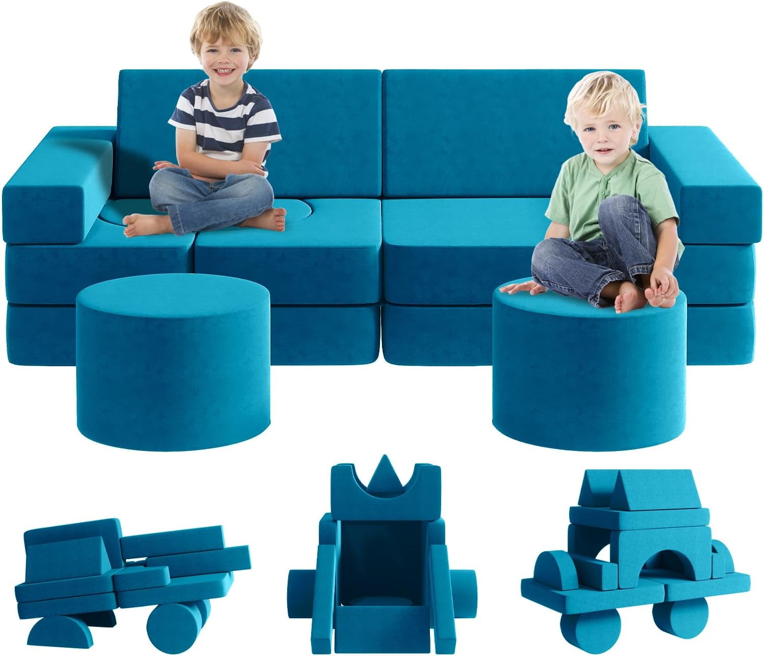 13Pcs Kids Couch, Linor Toddler Couch with 2 Ottomans, Modular Fold Out