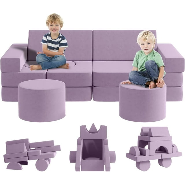 13Pcs Kids Sofa Couch with 2 Ottomans, Wanan Modular Toddler Couch, Kids Fold Out Couch for