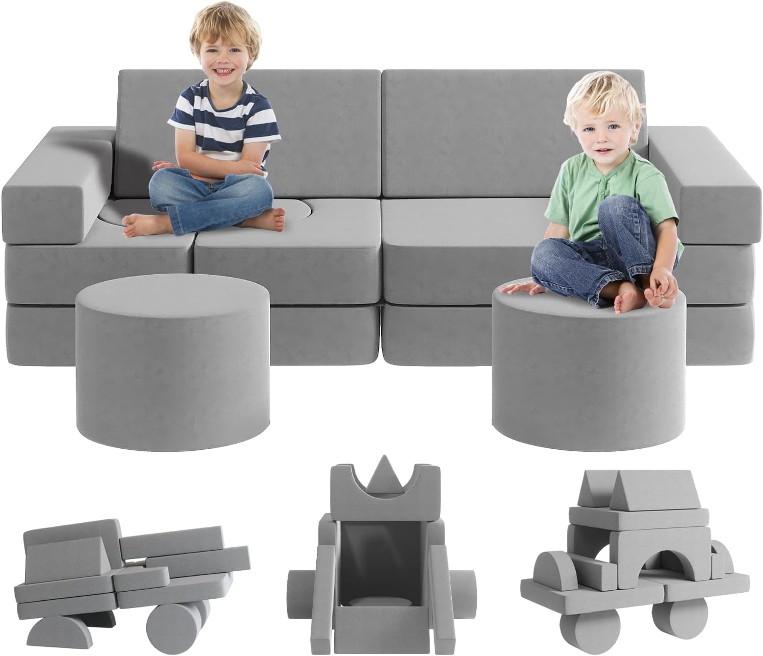 13Pcs Kids Sofa Couch with 2 Ottomans, Wanan Modular Toddler Couch