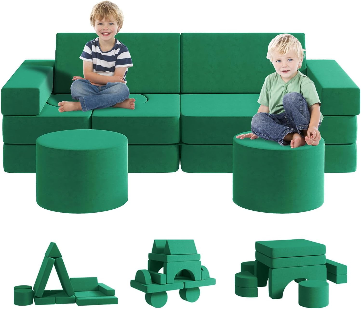 13Pcs Kids Sofa Couch with 2 Ottomans, Wanan Modular Toddler Couch