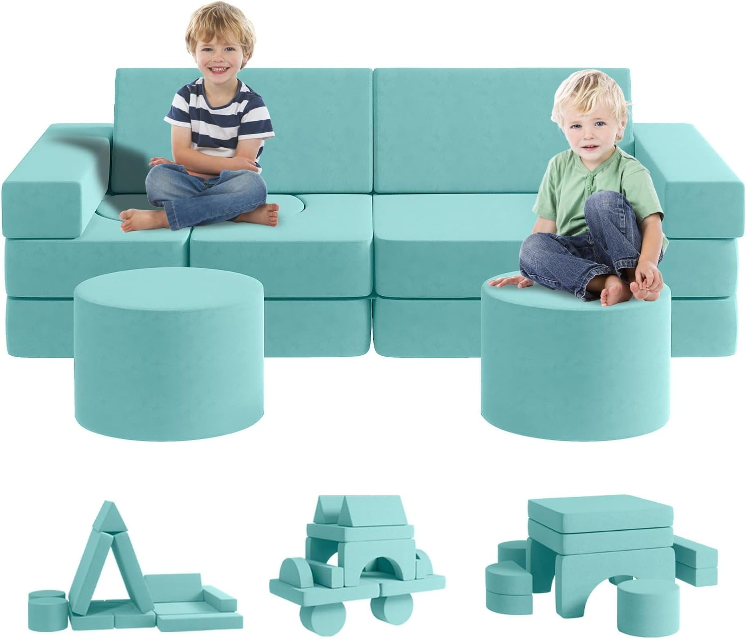13Pcs Kids Sofa Couch with 2 Ottomans, Wanan Modular Toddler Couch