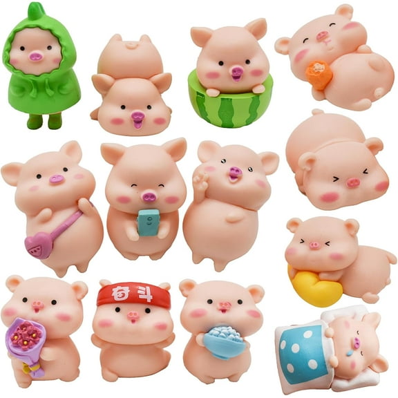 13Pcs Miniature Piggy Figurines Mini Pink Pig Figure Cartoon Resin Animal Cake Toppers for DIY Fairy Garden Moss Landscape Terrarium Craft Home Decor