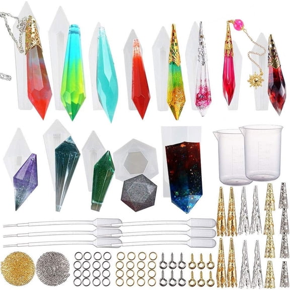 13Pcs Pendulum Cystal Point Resin Silicone molds 241Pcs Resin Jewelry Casting Pendulum molds Kit with Metal Bead Caps Eye Pin Jump Ring Cable Chain Pipette for Resin Jewelry White
