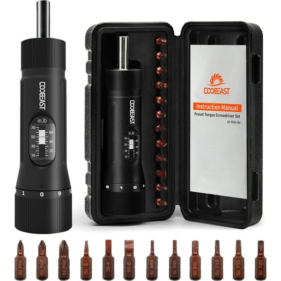 13Pcs Preset Torque Screwdriver with S2 Bits, 1/4” Drive Torque Wrench Screwdriver Set for Maintenance, Tools, Bike Repairing and Mounting, Inch Pound Torque Range 10-70 In-lb