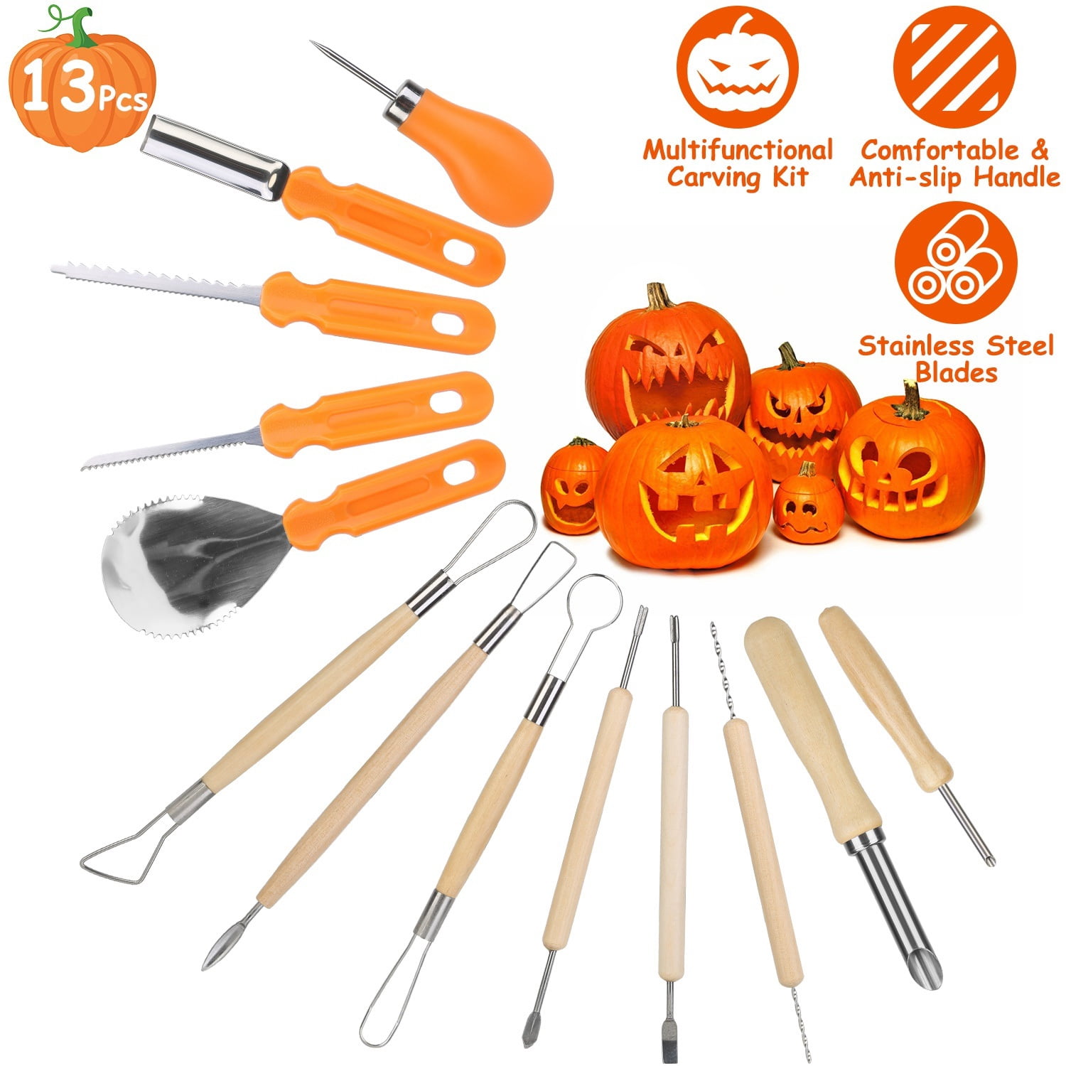 13Pcs Pumpkin Carving Kit Stainless Steel Tools with Scooper Saw Drill Etching for Halloween Jack-O-Lantern Craft Vegetable Carving