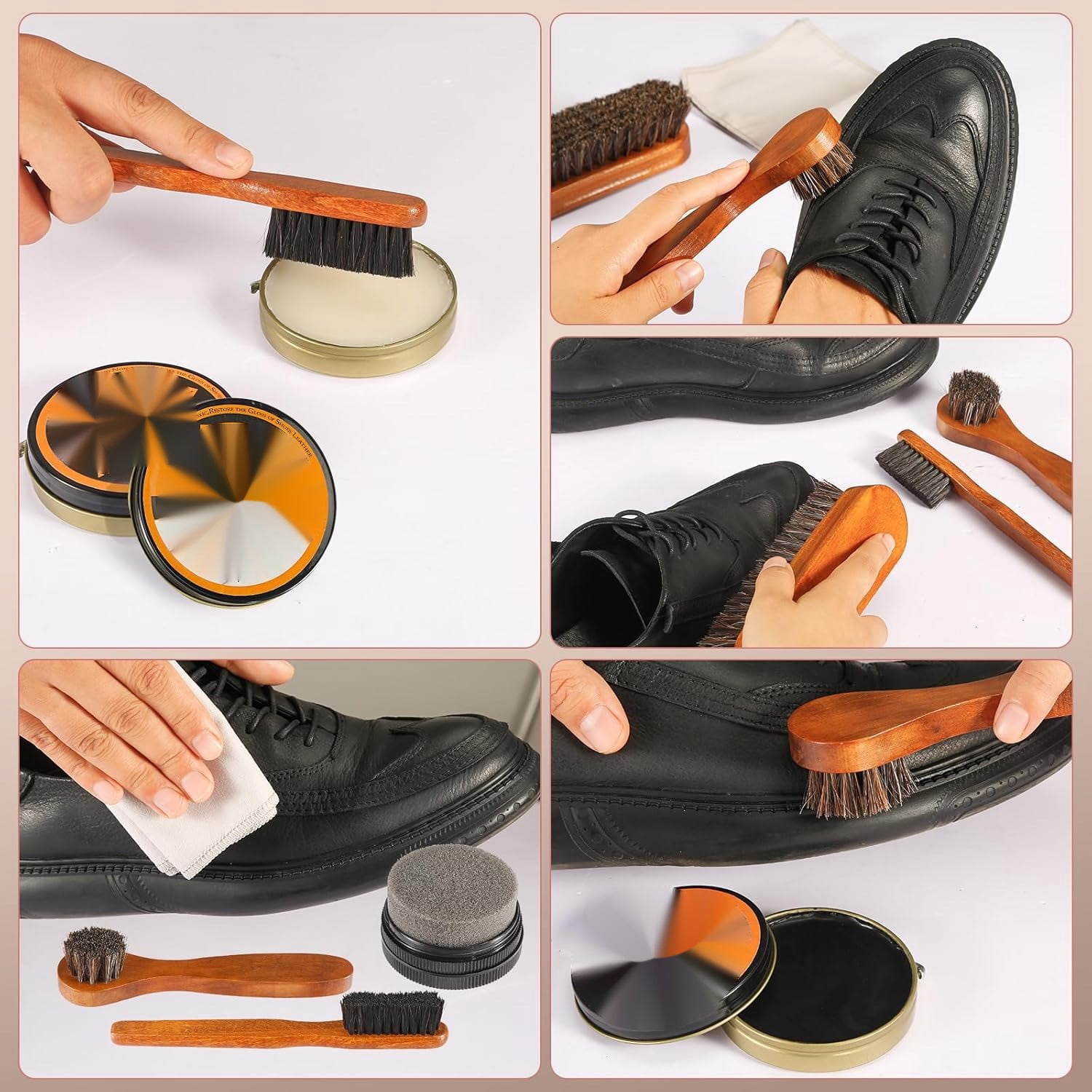 13Pcs Shoe Care Kit for Men & Women,3 Horsehair Shoe Polish Brush,Black Brown Neutral Mink Oil for Shoes,Care for Leather Boots, Shoe Cleaning Kit as Gift for Men with Shine Sponges & Care Cloth