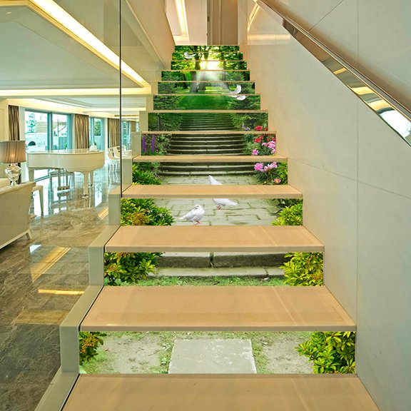 13Pcs Stair Risers Stickers - 3D Aisle to Forest Landscape Peel and Stick Vinyl Staircase Sticker -Stair Decals Decor for Stair Steps Home Office Decor 39.37"x7.09"