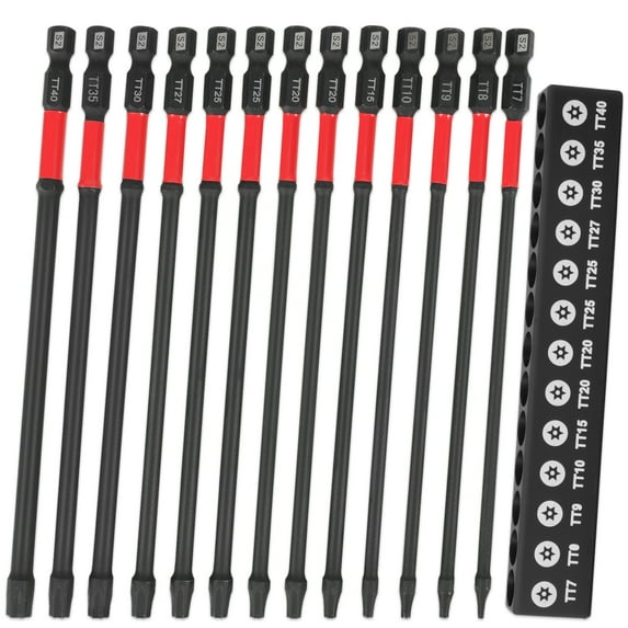 13Pcs Tamper Proof Torx Bit Set Impact Torx Bits 6'' Long TT7-TT40 1/4'' Hex Shank S2 Alloy Steel Made Multiple Sizes High Strength for Mechanical Repair