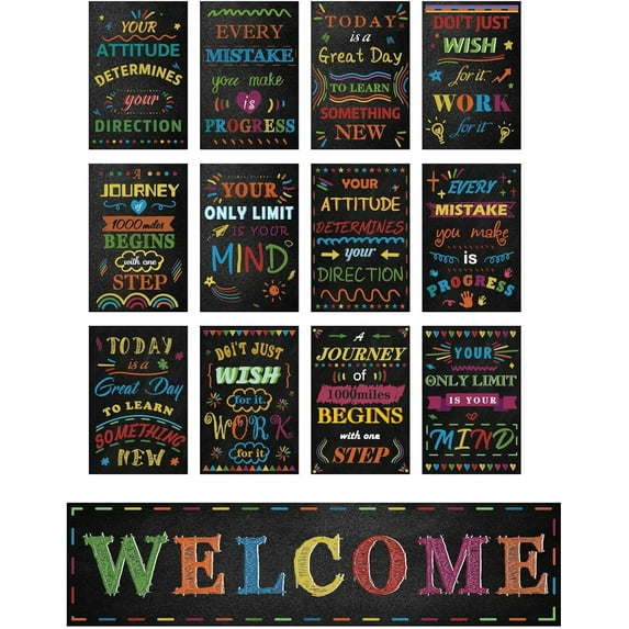 13Pcs Welcome Classroom Decoration Banner Posters Sign Bulletin Board Hanging Wall Art Decor for Back to School Teachers Elementary Preschool Middle School Theme Backdrop Black 39x10Inch