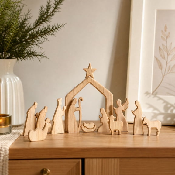 13Pcs Wooden Christmas Nativity Scene Set, Christmas Decorations, Holy Family Figurines, Minimalism Boho, for Mantle Shelf Home Office Table Centerpiece