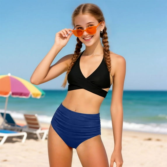 13T 14T Girls Bikini Swimsuit Girls Tankini Swimsuit Bikini Set Solid Color V-Neck Two Piece Bathing Suit