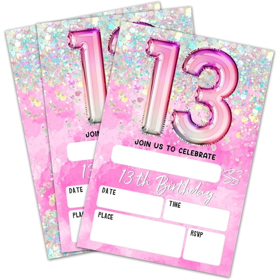 13Th Birthday Invitation Cards, Holographic Balloons Double-Sided Fill In Style Birthday Invites With Envelopes, Glitter Pink 13 Years Old Invitations For Girls, Teen, Party Favor & Supplies - A27