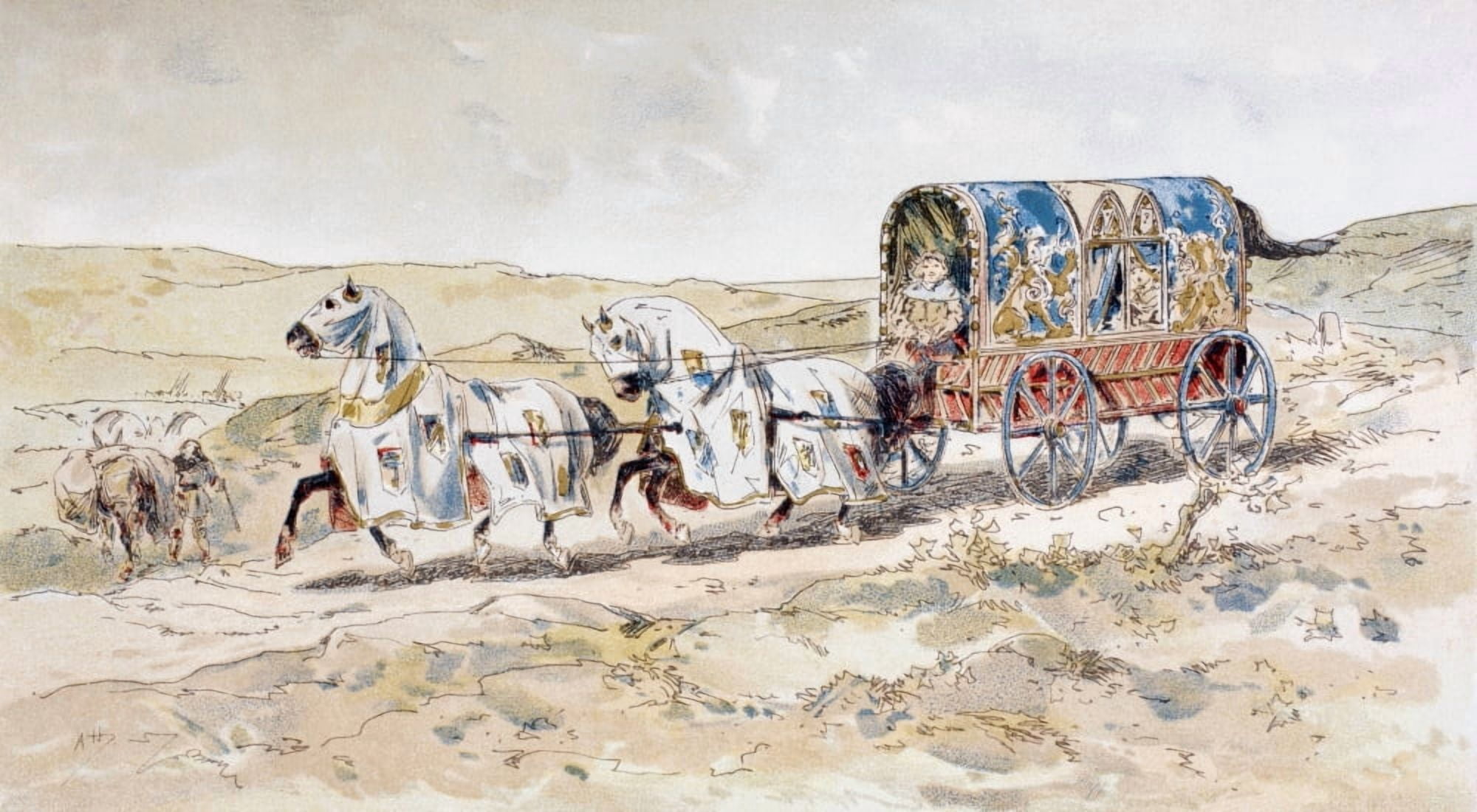 13Th Century Horse Drawn Ladies Carriage After A Watercolour By A Heins From Cortege Historique Des Moyens De Transport Published Brussels 1886 Canvas Art - Ken Welsh Design Pics (19 x 10)