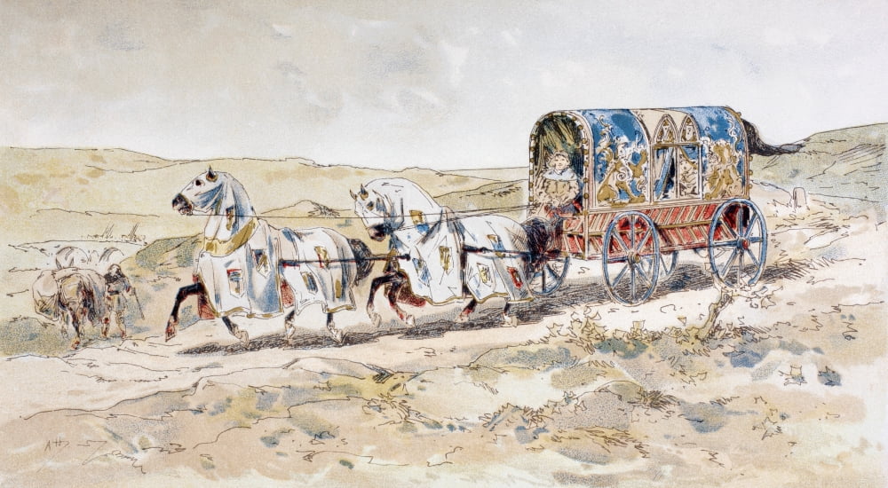 13Th Century Horse Drawn Ladies Carriage After A Watercolour By A Heins From Cortege Historique Des Moyens De Transport Published Brussels 1886 Canvas Art - Ken Welsh Design Pics (38 x 20)