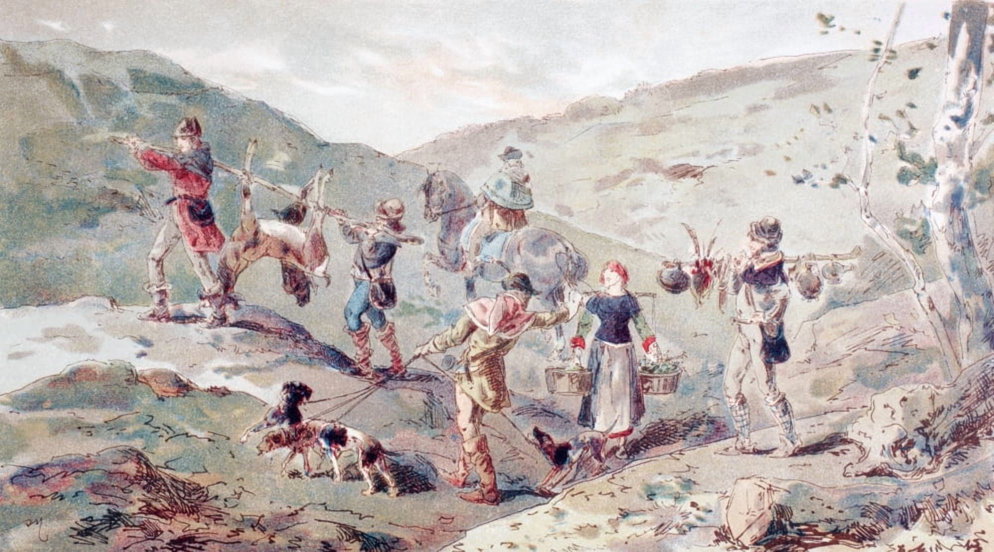 13Th Century Hunting Party With Porters After A Watercolour By A Heins From Cortege Historique Des Moyens De Transport Published Brussels 1886 Canvas Art - Ken Welsh Design Pics (38 x 22)