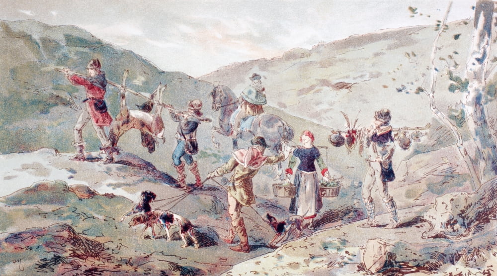 13Th Century Hunting Party With Porters After A Watercolour By A Heins From Cortege Historique Des Moyens De Transport Published Brussels 1886 Canvas Art - Ken Welsh Design Pics (19 x 11)