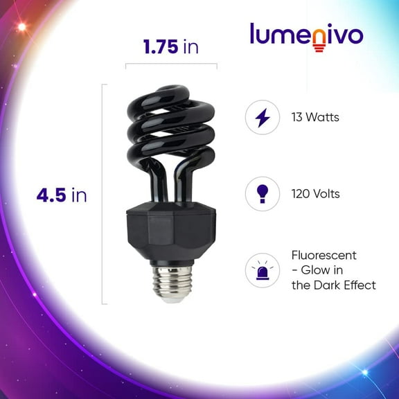 13W CFL Blacklight Bulb Spiral Black Light CFL Bulb E26 Medium Screw Base for Halloween, Party, Decorative Lighting - Glow in The Dark Effect - 120V - 1 Pack