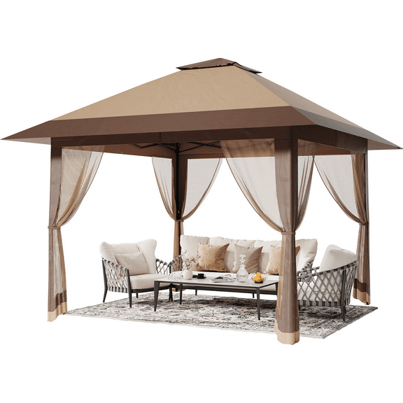 13X13 PopUp Gazebo, with Mesh Cover Adjustable Height Awning, Double Vented Roof Sun Shelter, Instant Gazebo Tent, for Backyard, Garden, Lawn