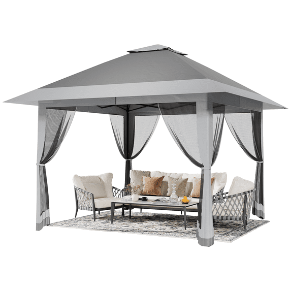 13X13 PopUp Gazebo, with Mesh Cover Adjustable Height Awning, Double Vented Roof Sun Shelter, Instant Gazebo Tent, for Backyard, Garden, Lawn