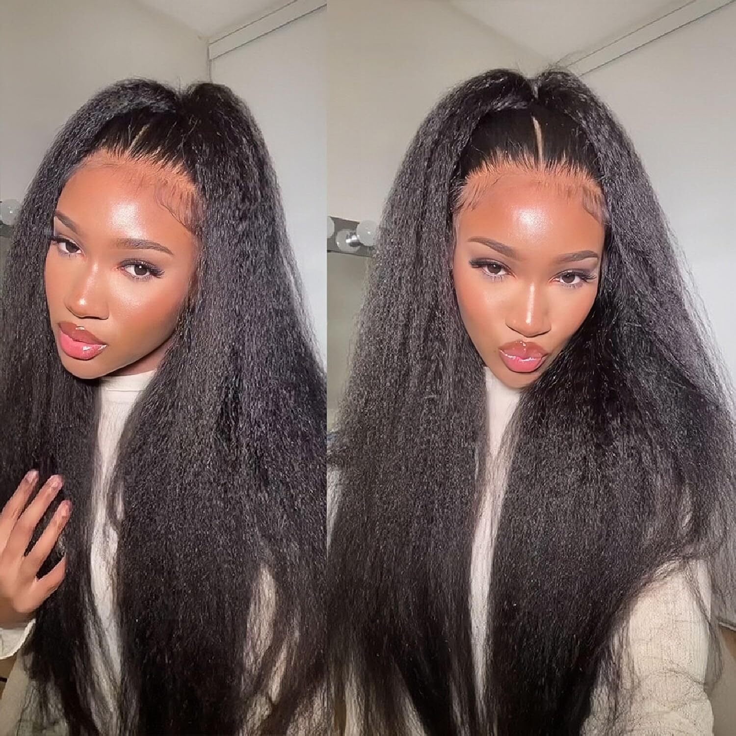 13X6 Kinky Straight Wig 16inch Yaki Straight Human Hair Wig 180% Density 13X6 HD Lace Front Wigs Human Hair Pre Plucked Glueless KinkyStraight Human Hair Wigs