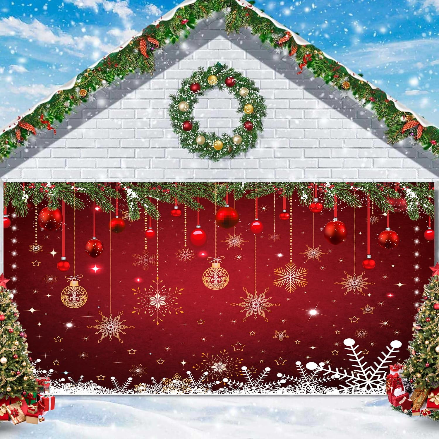 13X6 ft Snowflake Christmas Garage Door Decoration Background Sparkle ...