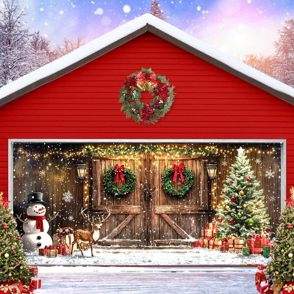13X6ft Christmas Garage Door Background Snowman Reindeer Rustic Barn Photography Pictures Backdrop for Xmas Theme Party Indoor Outdoor Decor Banner Cover