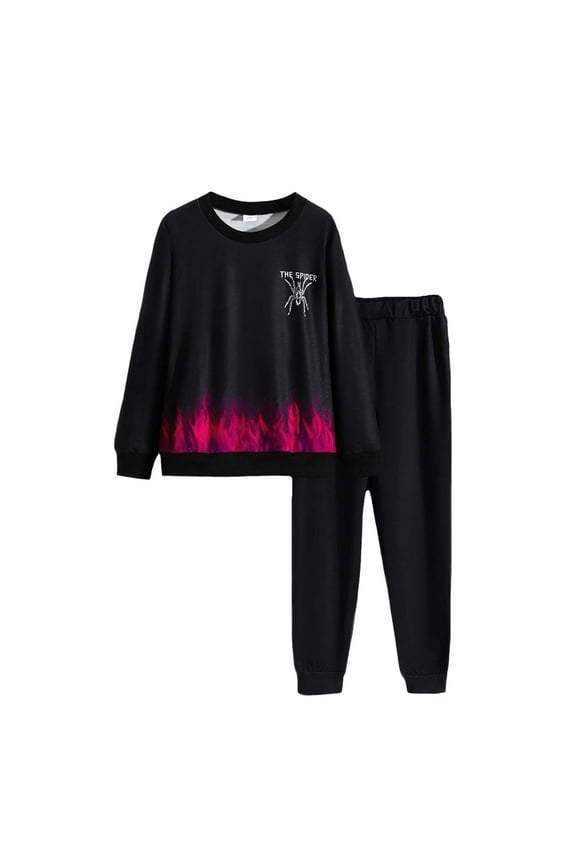 13Y Big Boys Clothes Big Boys Outfits 13-14 Years Big Boys Long Sleeve Round Neckline Spider Print Top Pants 2PCS Boys Clothing Set Black