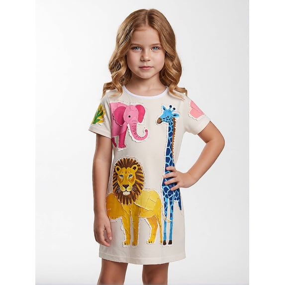 Kids Fashion Short Sleeve Dress Comfort-Fit Classic Round Neck Play Dress for Girls Youth Girls Age 5-12 Daily Style