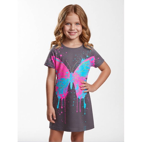 Girls Relaxed Casual Short Sleeve Dress Casual Fit Sundress Breathable Playwear for Kids Girls Age 5-13 Classic Round Neck