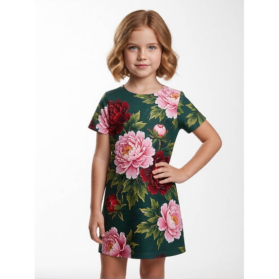 Kids Modern Short Sleeve Dress Relaxed-Fit Crewneck Casual Dresses for Girls Girls Age 5-13 Simple Styling
