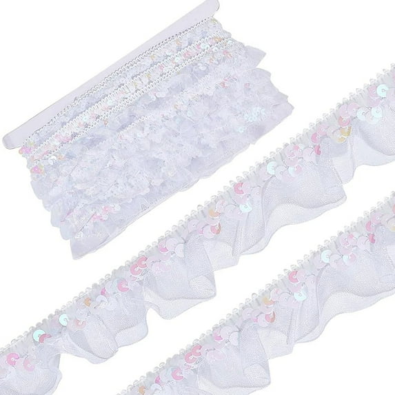 13Yard 1.2 Inch Satin Organza Lace Pleated Fabric Trims Sequin Elastic Edge Ribbon Gathered Mesh Stretch Ruffled Floral Fringe Applique