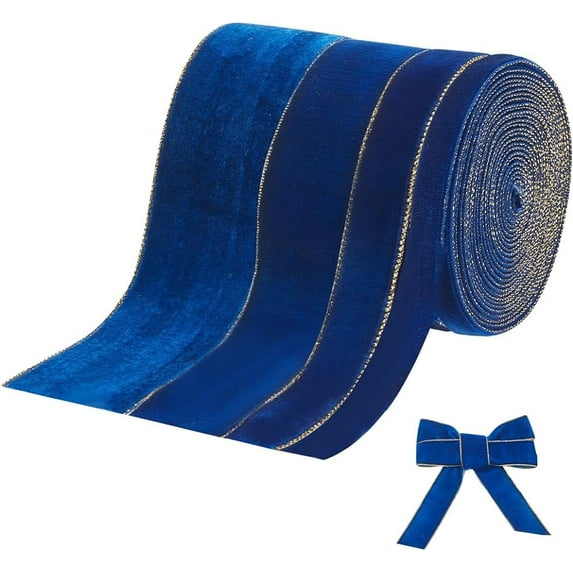 13Yards 4 Sizes Velvet Wired Ribbons with Gold Wired Edge Royal Blue Single Face Velvet Ribbon Wrapping Velvet Decoration Ribbon