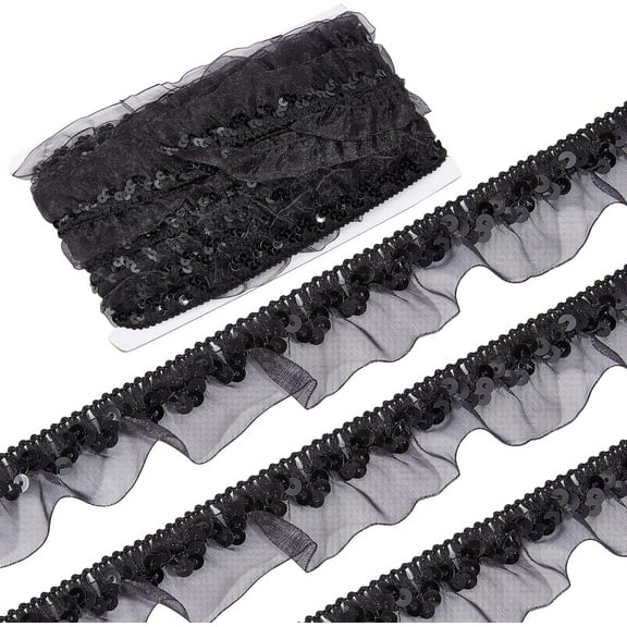 13Yds Black Pleated Ribbon Trim Organza Lace Fabric Sequin Ribbon Elastic Floral 1-1/8" Chiffon Lace Edge Stretch Applique for Sewing Gift Package Wrapping Cloth Crafts Embellishments diy